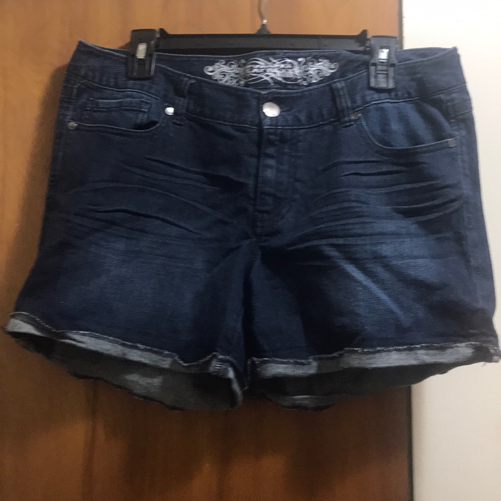 Express jean shorts mid rise dark wash stretchy